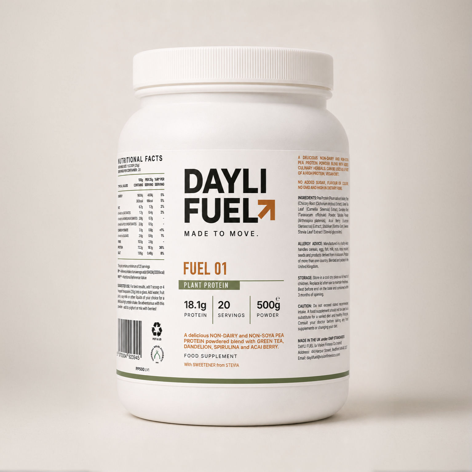 DAYLI FUEL FUEL 01 Plant Protein tub, viewed from the front.