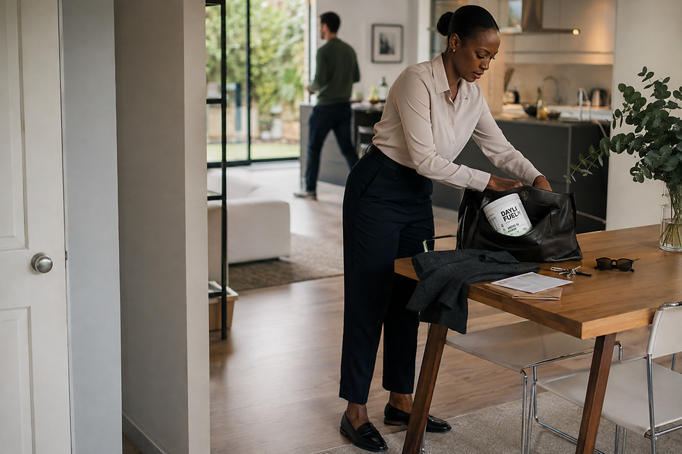 Thumbnail: Woman packing a DAYLI FUEL tub into a handbag on a dining table at home.
