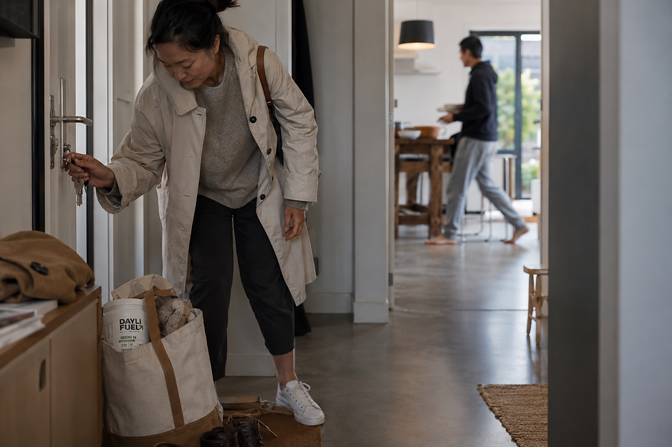 Thumbnail: Woman opening a front door while carrying a tote containing a DAYLI FUEL tub.