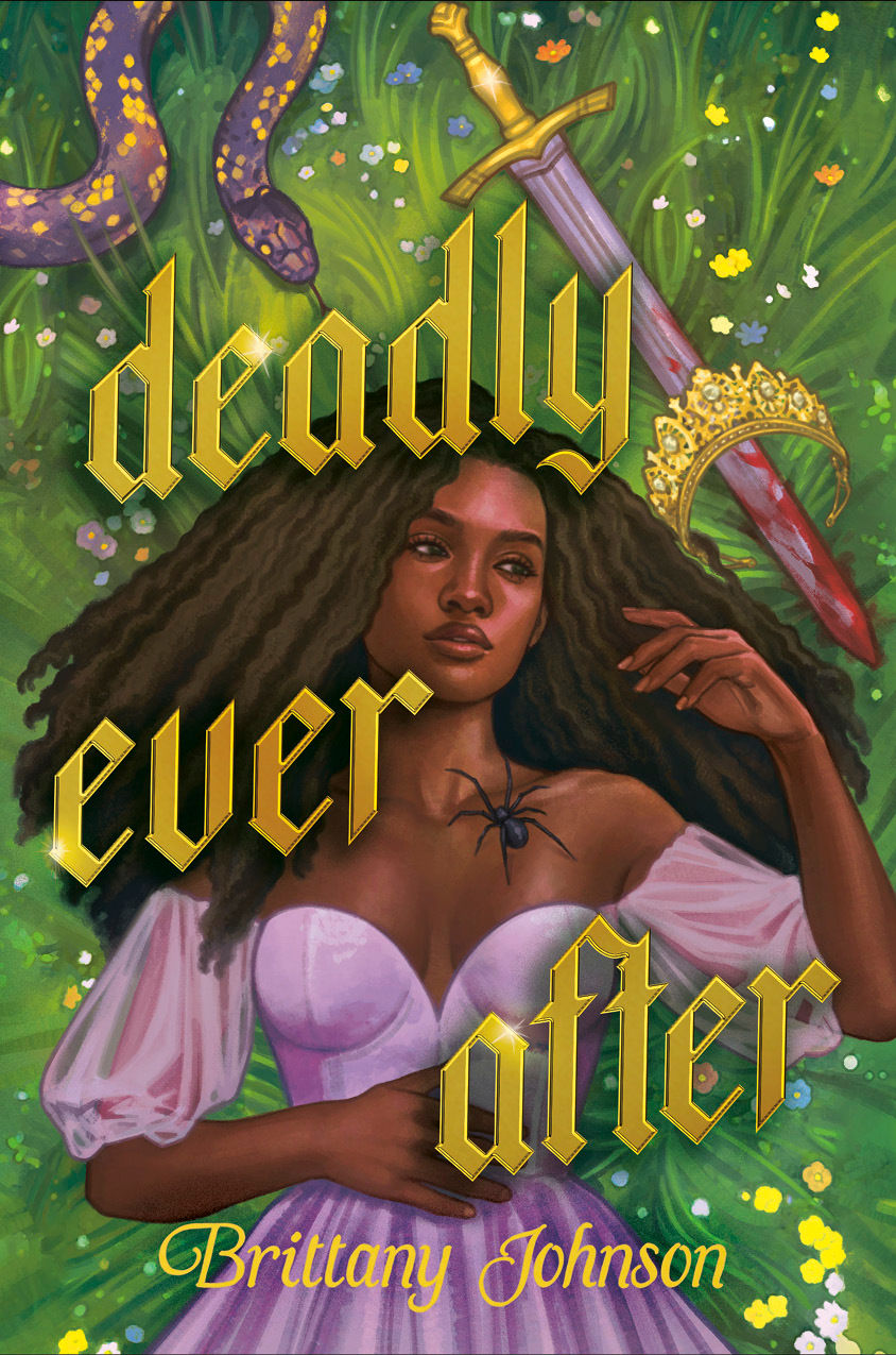Deadly Ever After by Brittany Johnson book cover featuring a long, curly haired Black woman in a pink dress, laying in a field of flowers. She's surrounded by a snake and a bloody sword.
