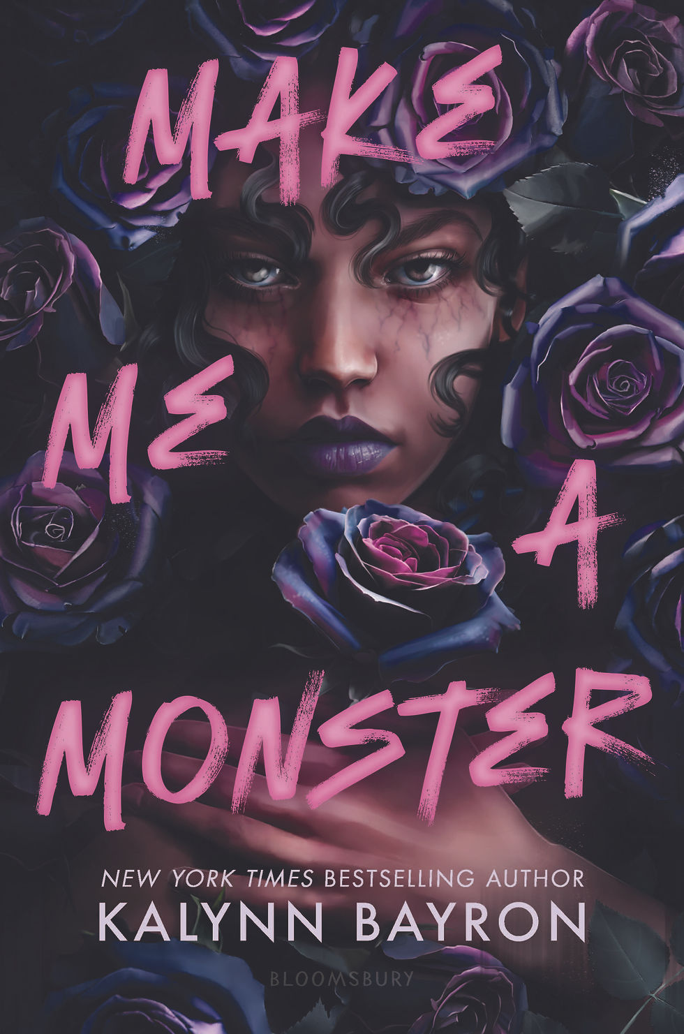 Make Me a Monster by Kalynn Bayron book cover featuring a curly haired Black woman surrounded by black roses.