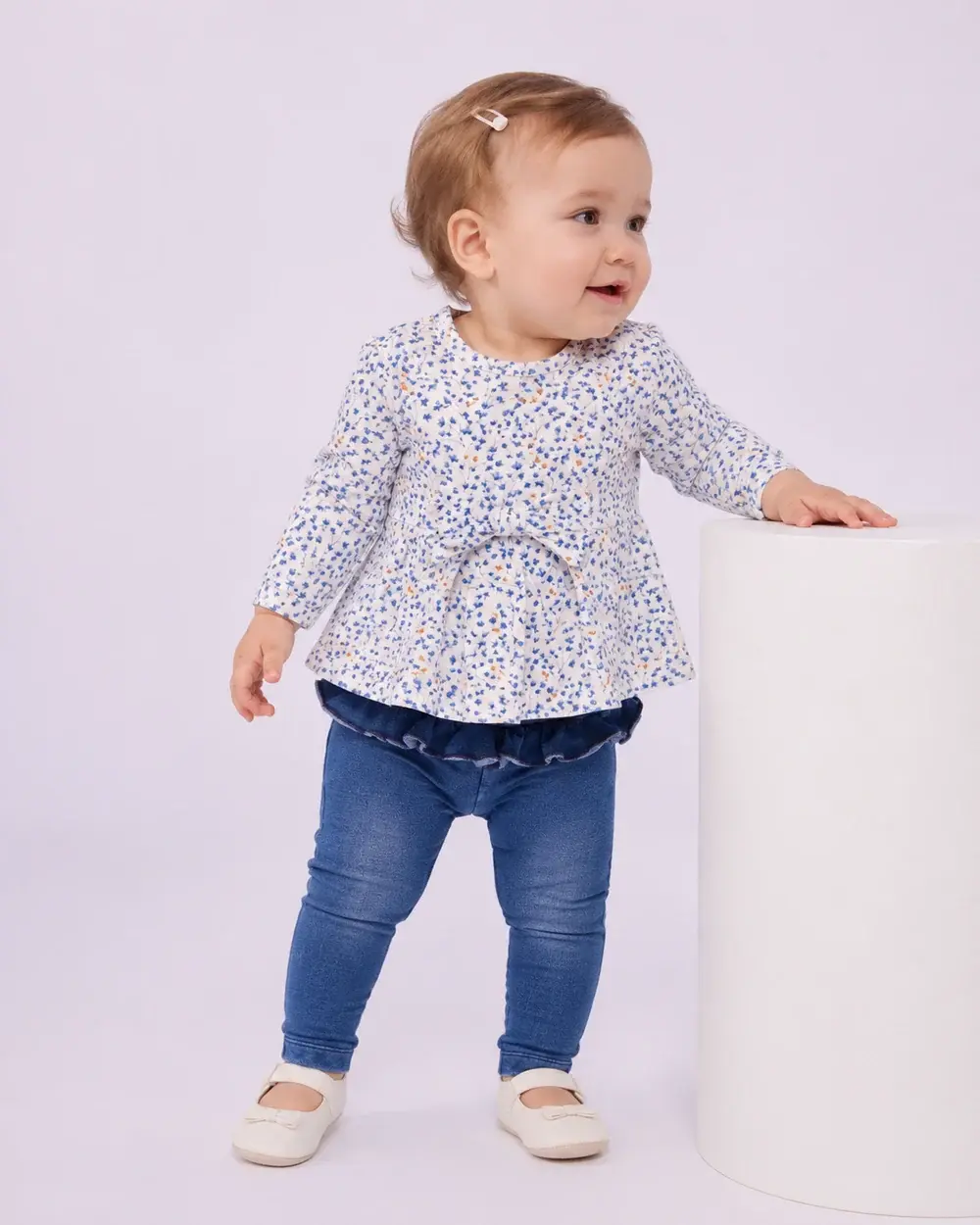 Completo due pezzi - Blusa Floreale con Fiocco e Leggings effetto Denim 