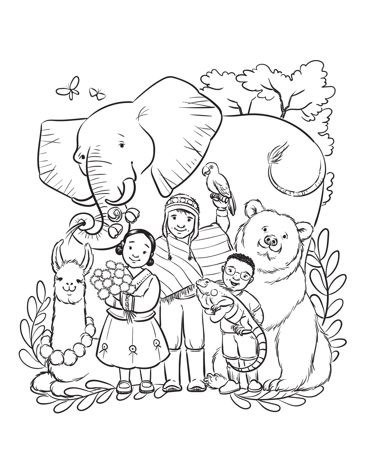 ElephantLamaBearIguanaMulticulturalColoringPage-AprylStott