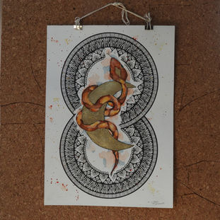Watercolour snake wrapped around a gold leaf moon and ink mandala