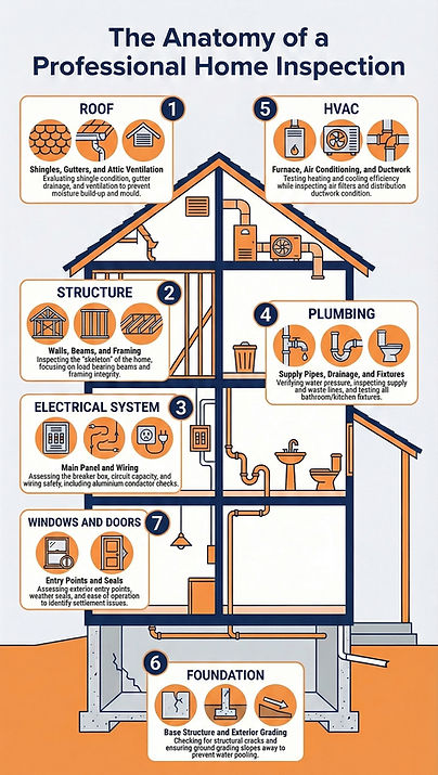 Diagram of home showing all major systems inspected: roof, structure, electrical, plumbing, HVAC, foundation