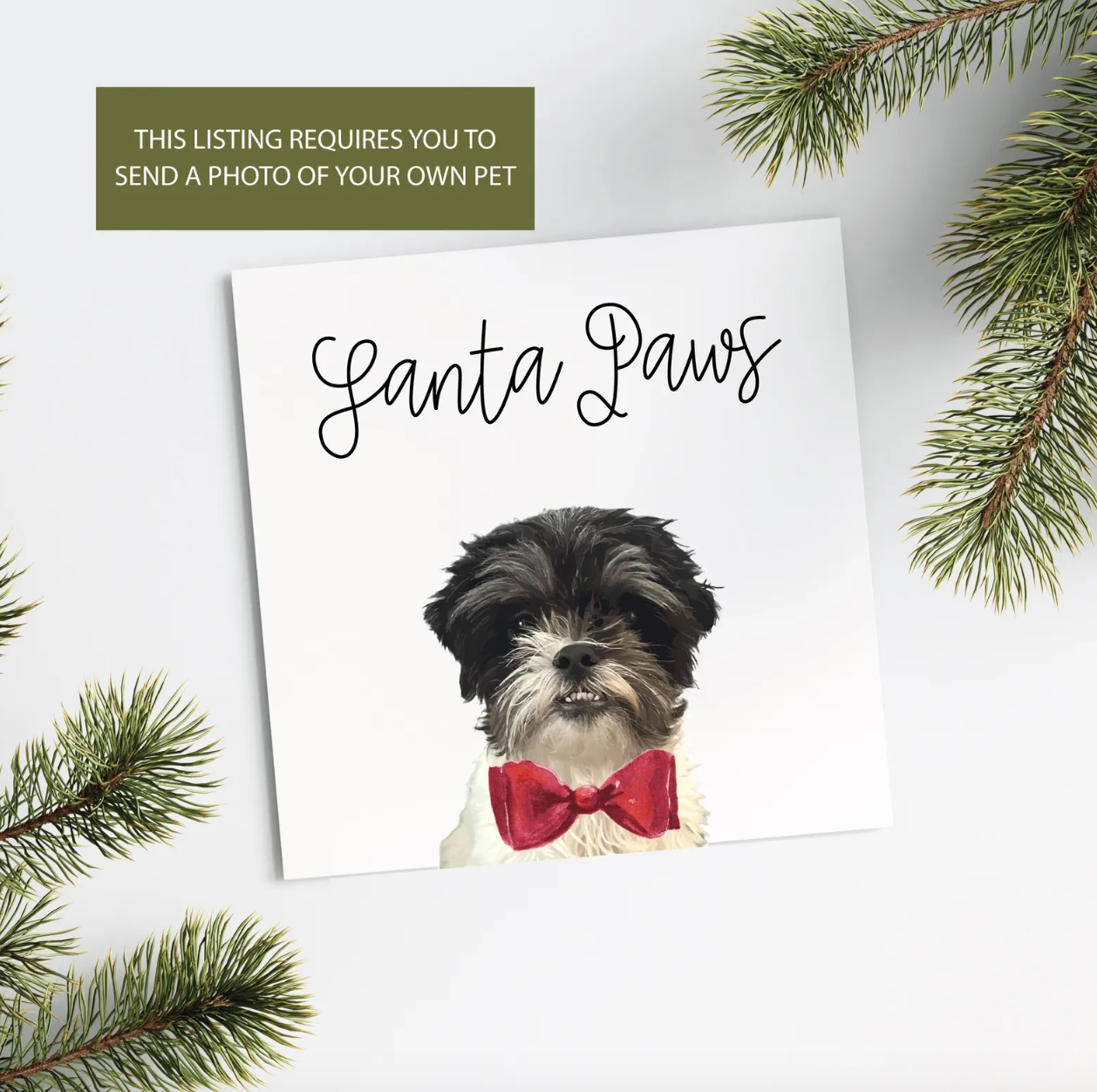 Personalised Pet Christmas Card: Custom Pet Portrait with Red Bow