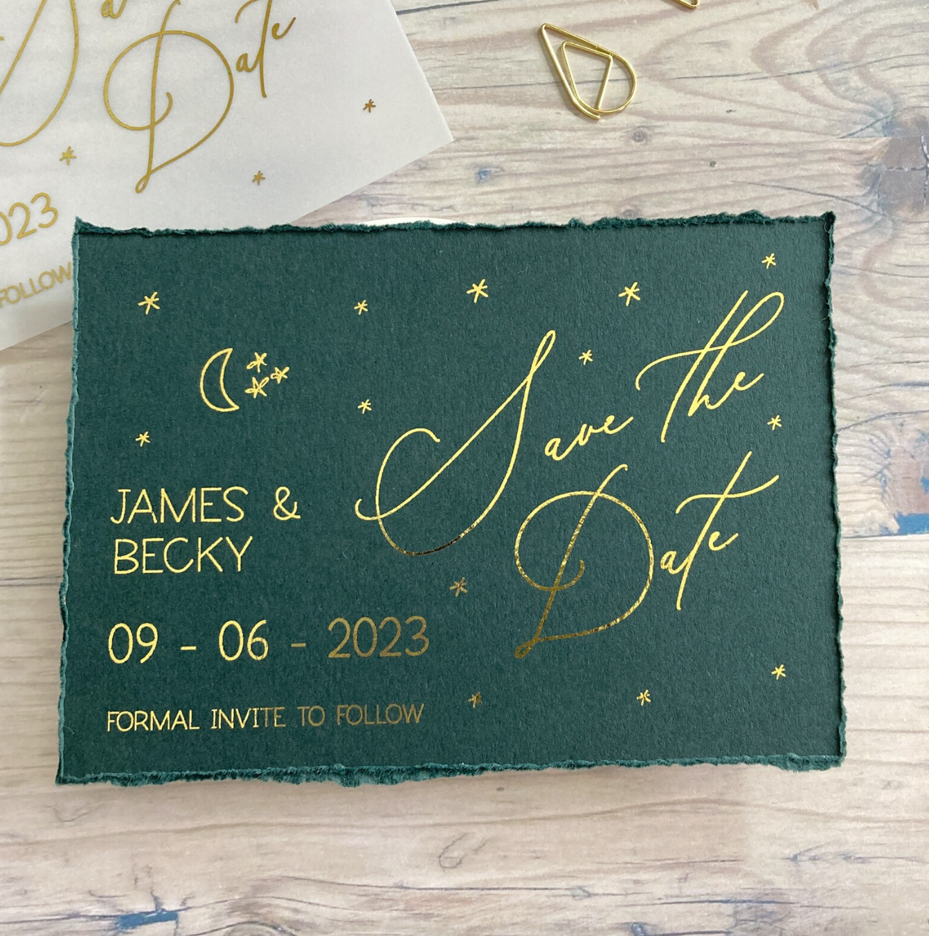 Verona green deckle edge save the date