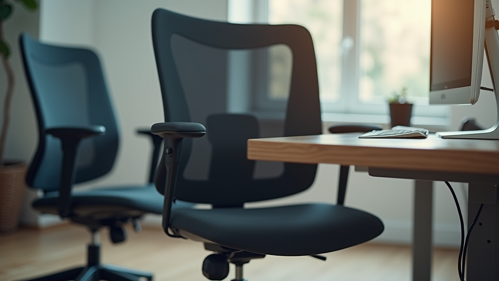 Close-up view of ergonomic office setup with supportive chair and monitor