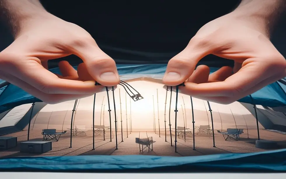 A photograph depicting a person's hands releasing the collapsible poles from their connectors within the tent. The image could focus on the hands carefully detaching the poles, showcasing the release mechanism, and highlighting the connectors. This visual would effectively demonstrate the process of removing the poles and preparing them to be placed in the middle of the tent. Additionally, it could include a clear view of the poles placed parallel to each other in the middle