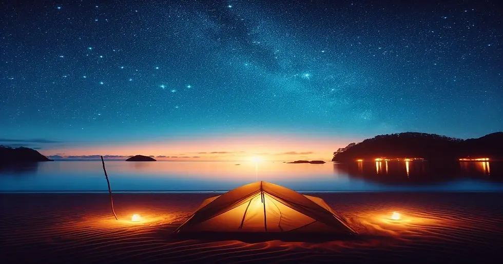 A photo of a group of people sitting around a campfire on a beach at night