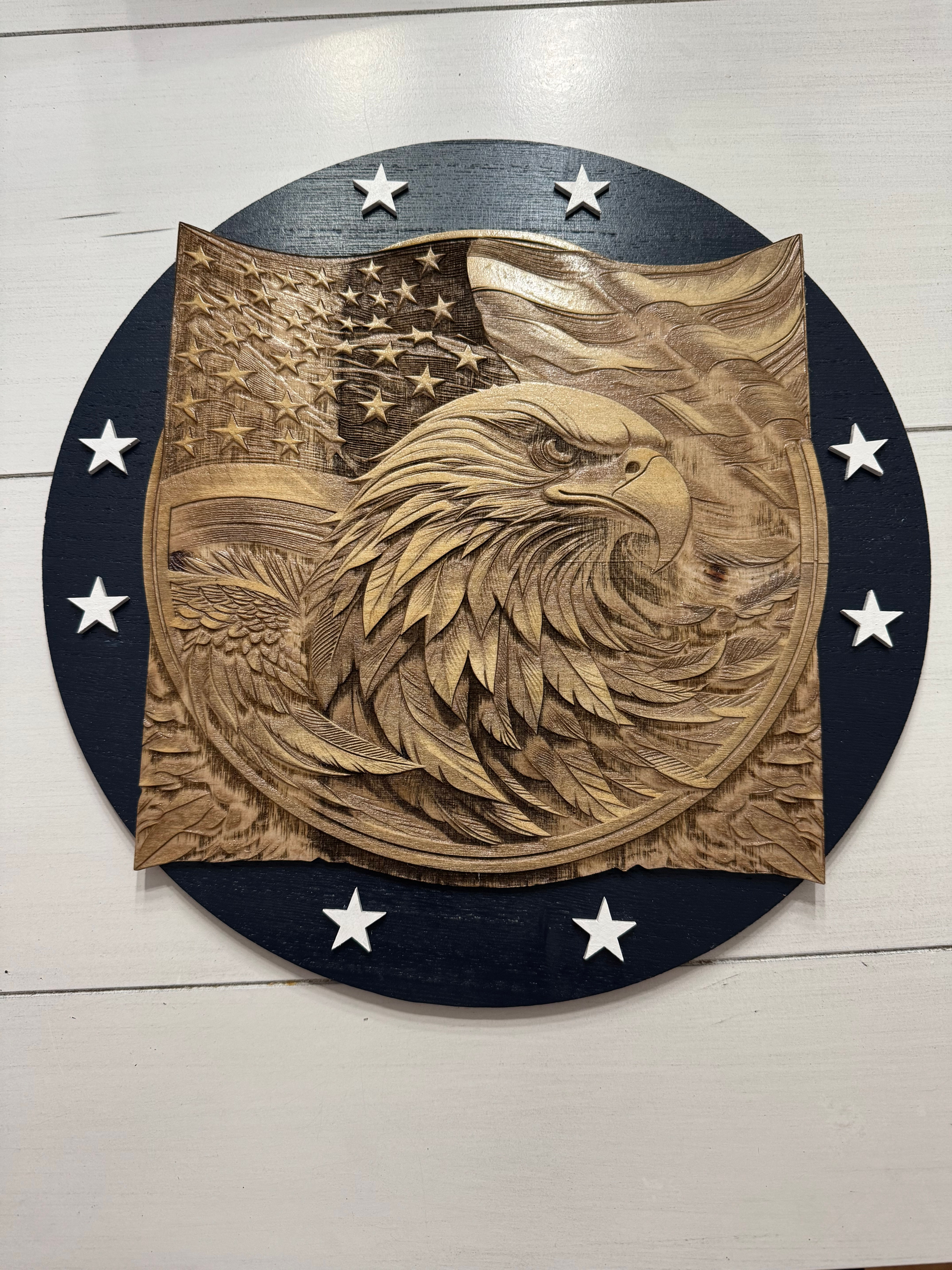 Patriotic Flag and Eagle Laser Engraved 3D illusion Wood Wall Art