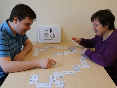 Two adults sitting at a table playing Makaton Halloween Dominoes game