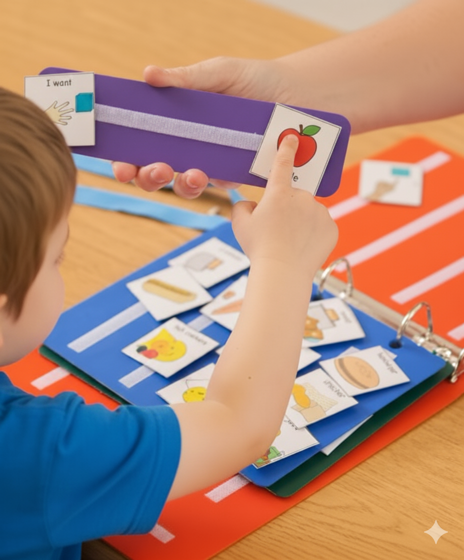 A child is using PECS, the child is using a sentence strip and pointing to the word and symbol of apple
