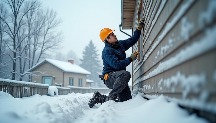 Eye-level view of a worker installing siding on a snow-covered house exterior