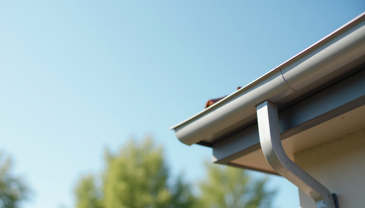 Eye-level view of a seamless aluminum gutter installed on a residential roof edge
