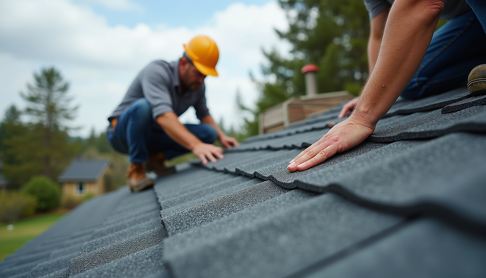 Roof inspection in progress on a residential home. New asphalt shingle roof installation completed.