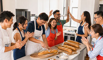 A team of ten clapping and high-fiving around freshly baked baguettes on the counter of a private kitchen studio in Singapore.
