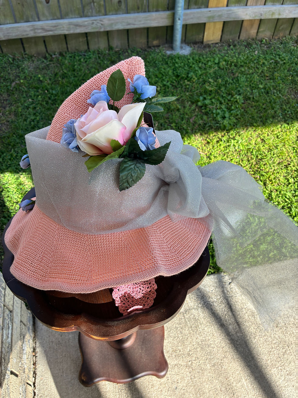 Thumbnail: Pretty spring pink and dusky blue flowers witch pointy fairy cottage core hat