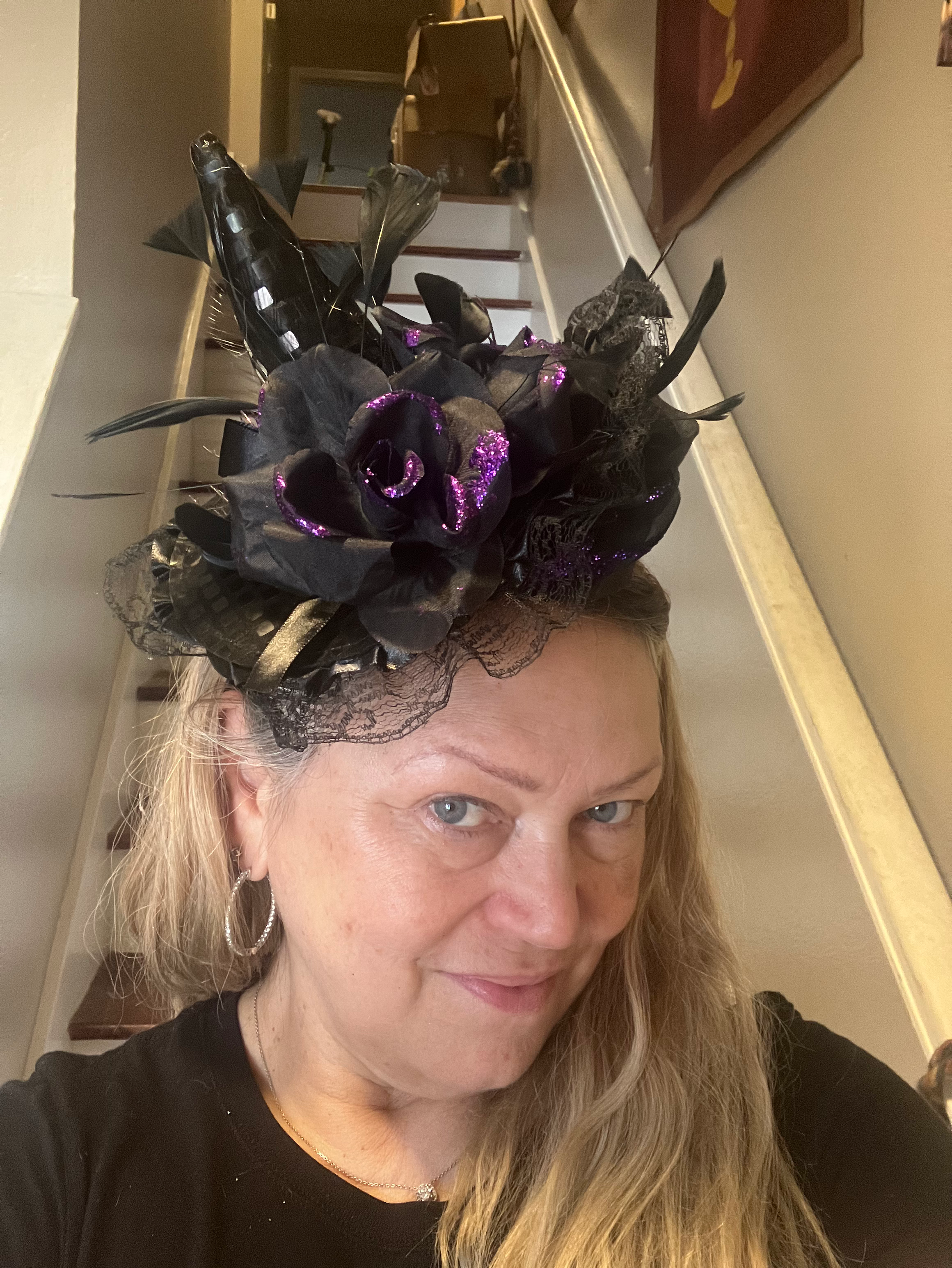 Black With Purple Sparkly Roses Fascinator
