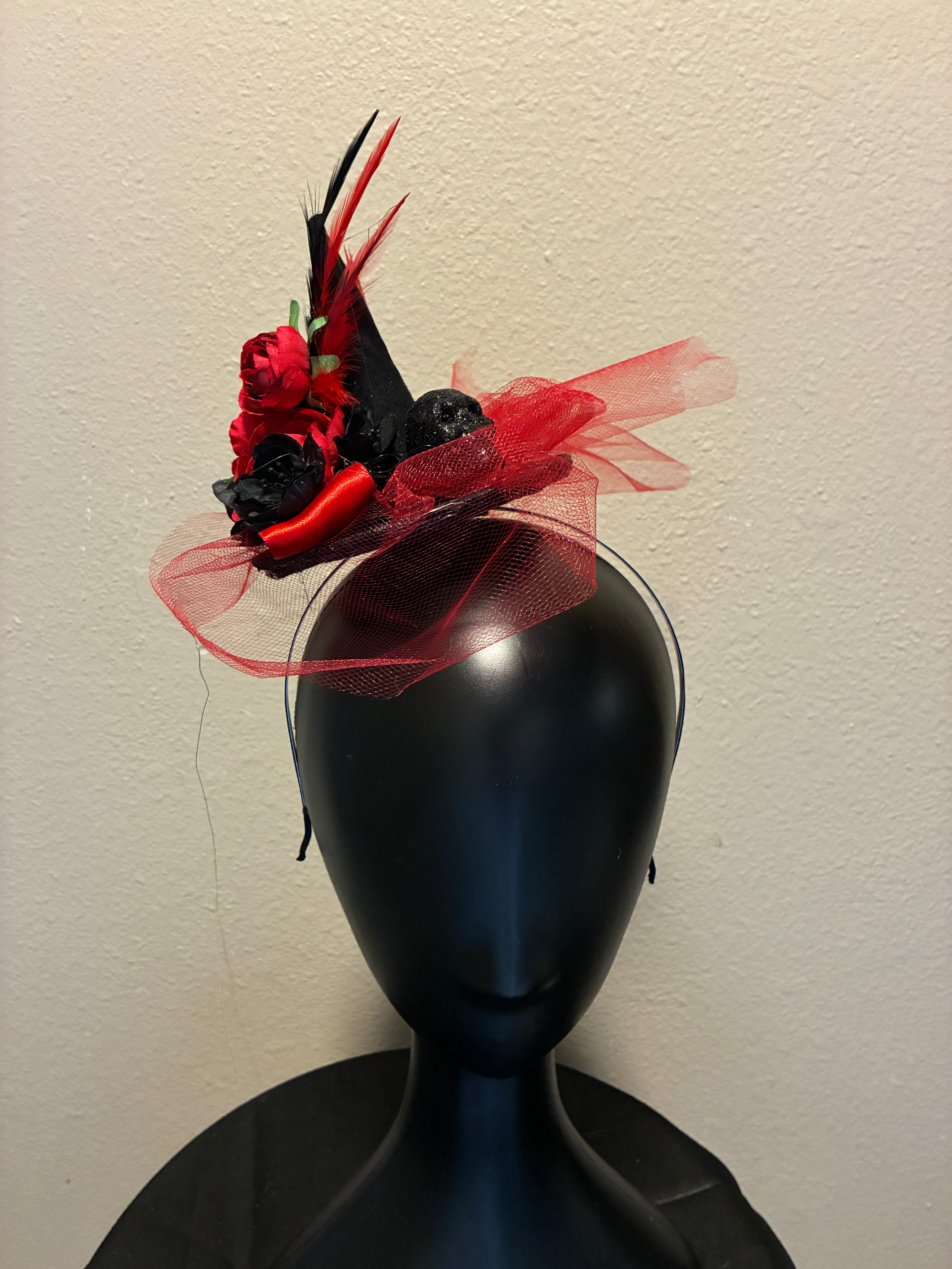 Red and Black Tiny Witch Hat Fascinator with Black Sparkle Skull