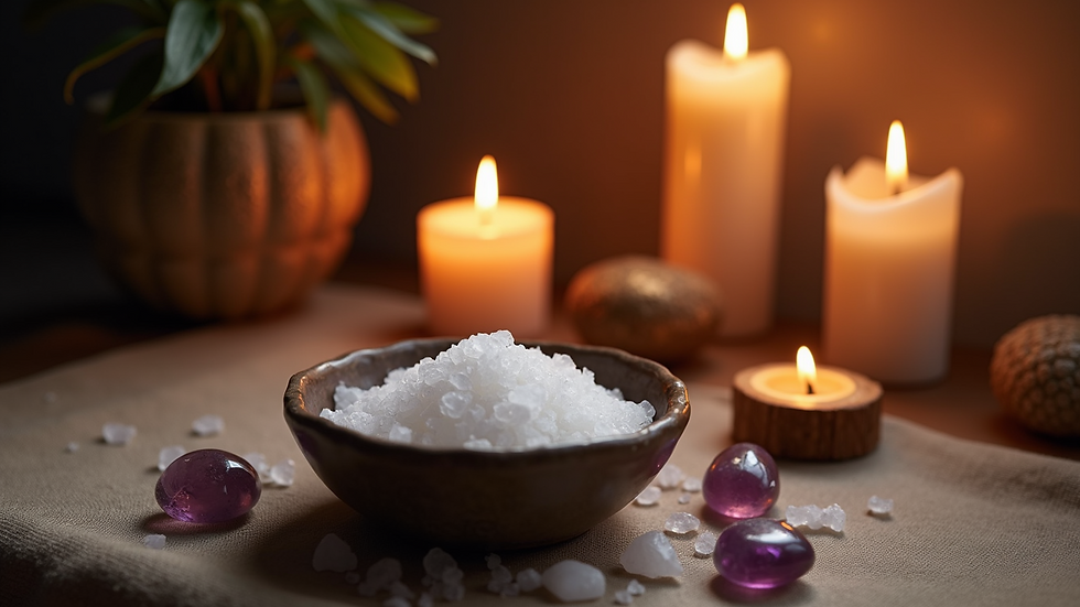 Eye-level view of a ritual altar with candles, crystals, and a bowl of energy-charged salt