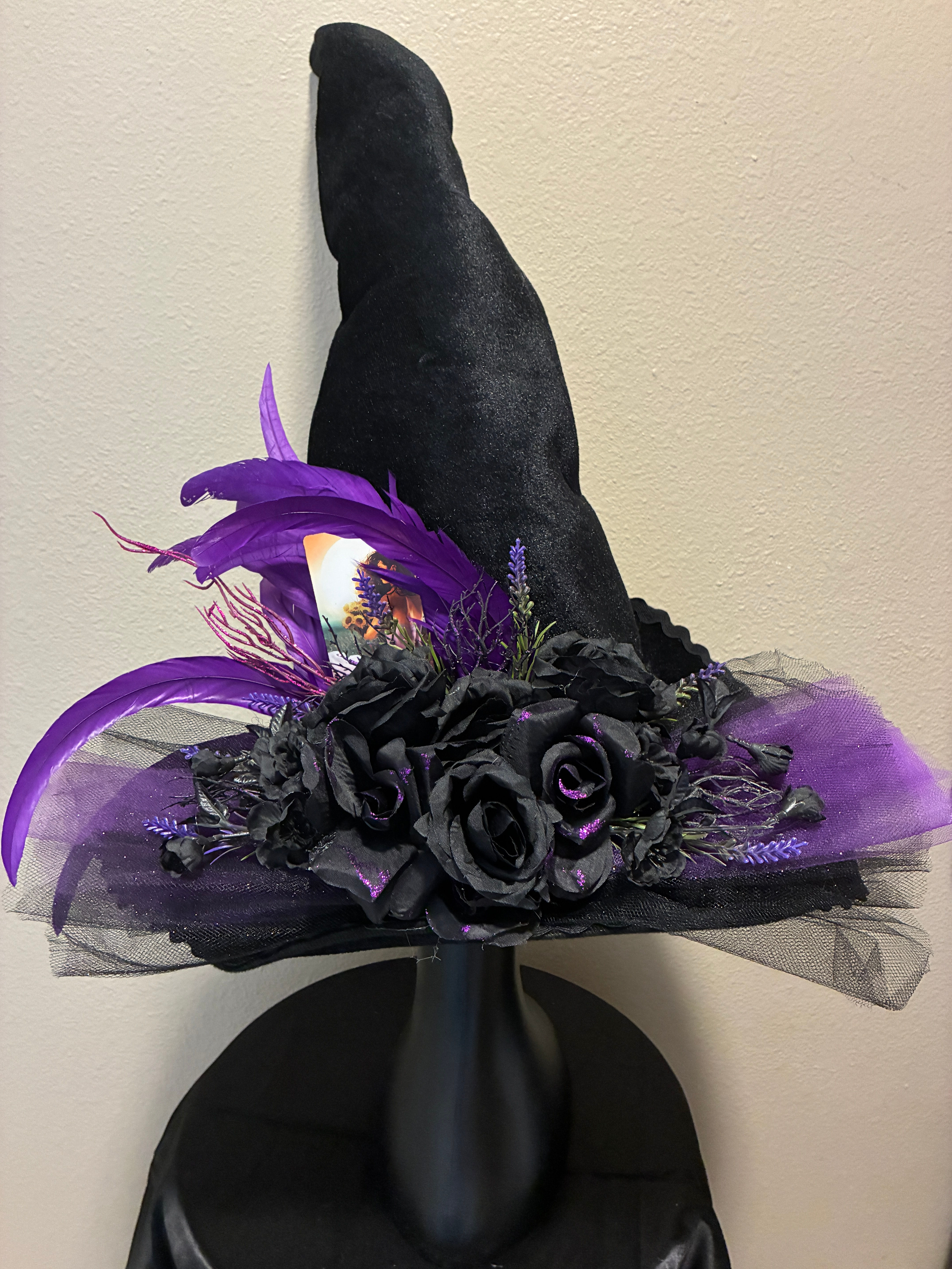 The Sun Black Velvet Tall Pointy with Black and Purple Flowers and Feathers