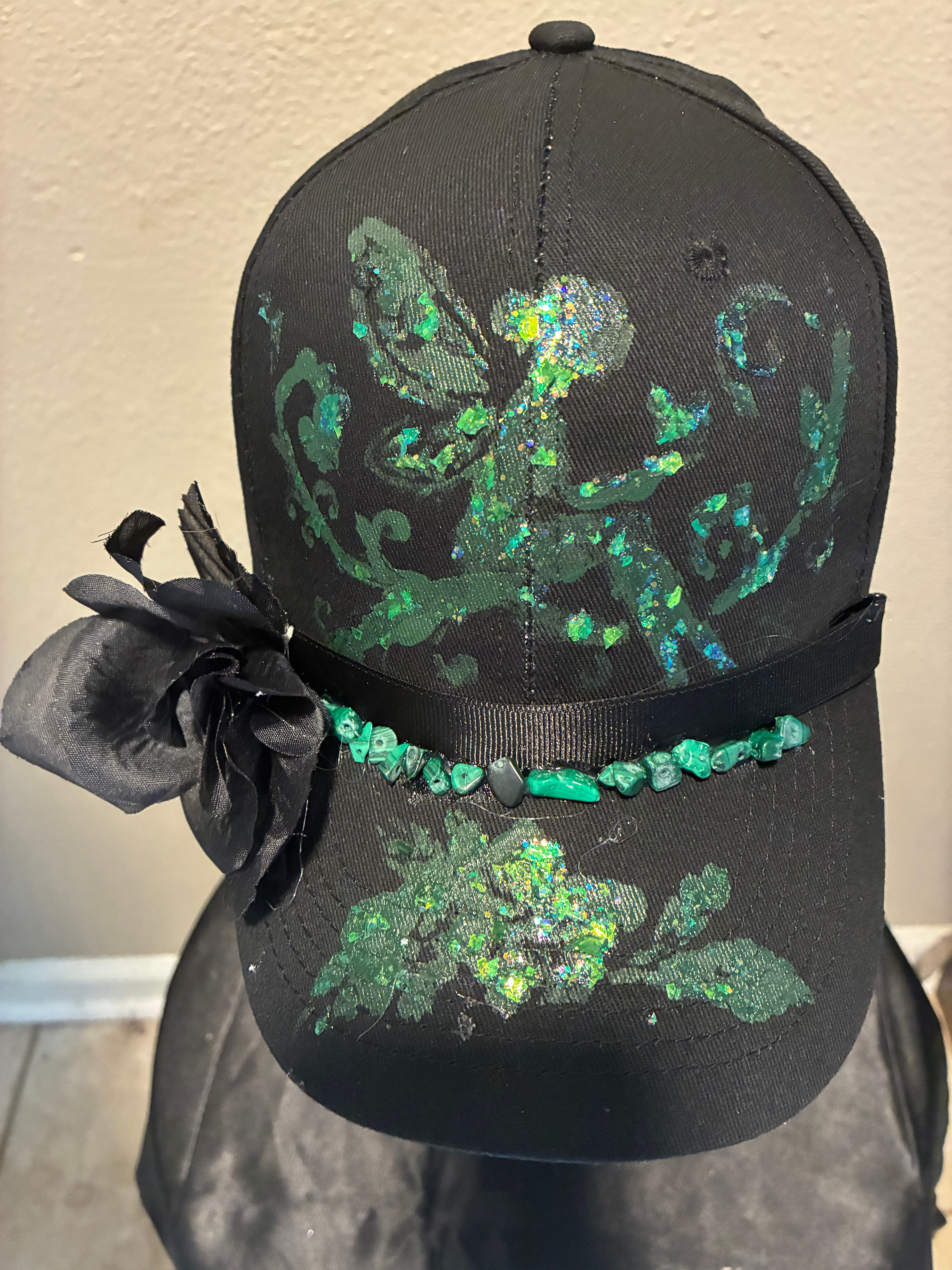Fairy in Green Sparkling Paint on Black Cotton Ball Witch Cap