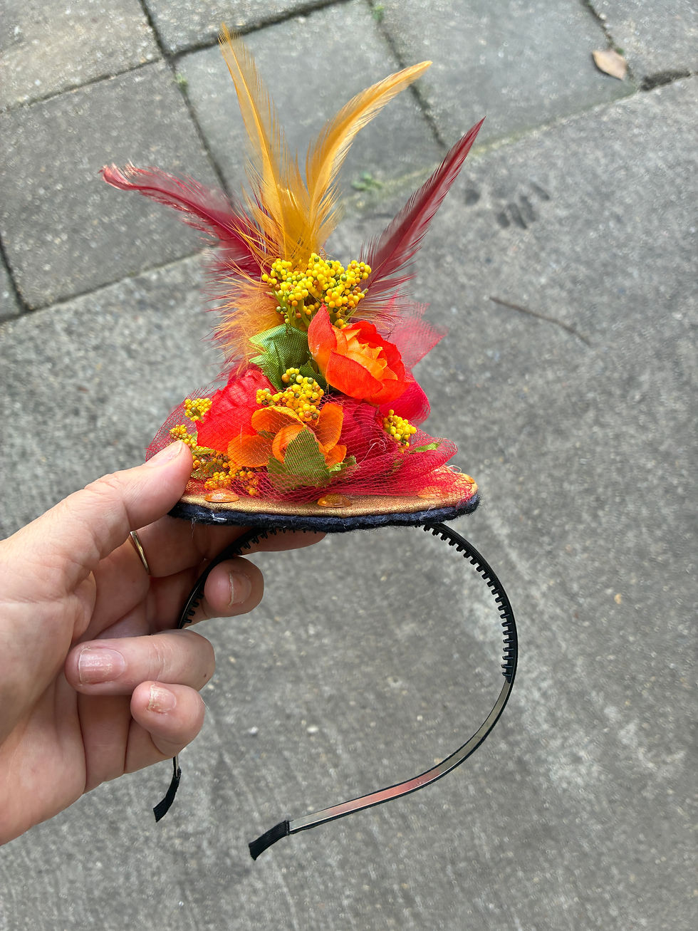 Thumbnail: Gold with Red Bird Tiny Witch Hat Fascinator