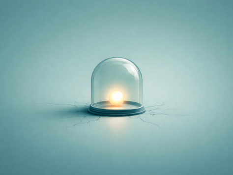 Minimalist teal background with a glass dome protecting a small glowing light, while subtle cracks and pressure marks appear outside the dome, symbolizing protection and contained impact.