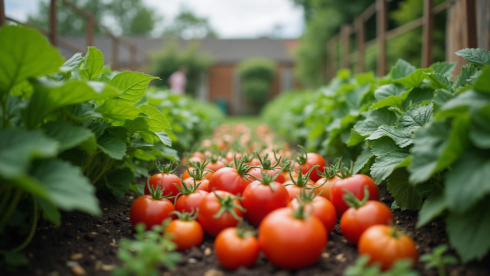 Eye-level view of a community garden with diverse vegetables