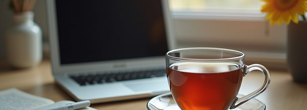 ノートパソコンと飲み物がある落ち着いた自宅からのオンラインカウンセリングの風景