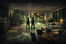 animation de dux agents désinfectant un salon avec une tenue apocalyptique et vaporisant un liquide vert fluo