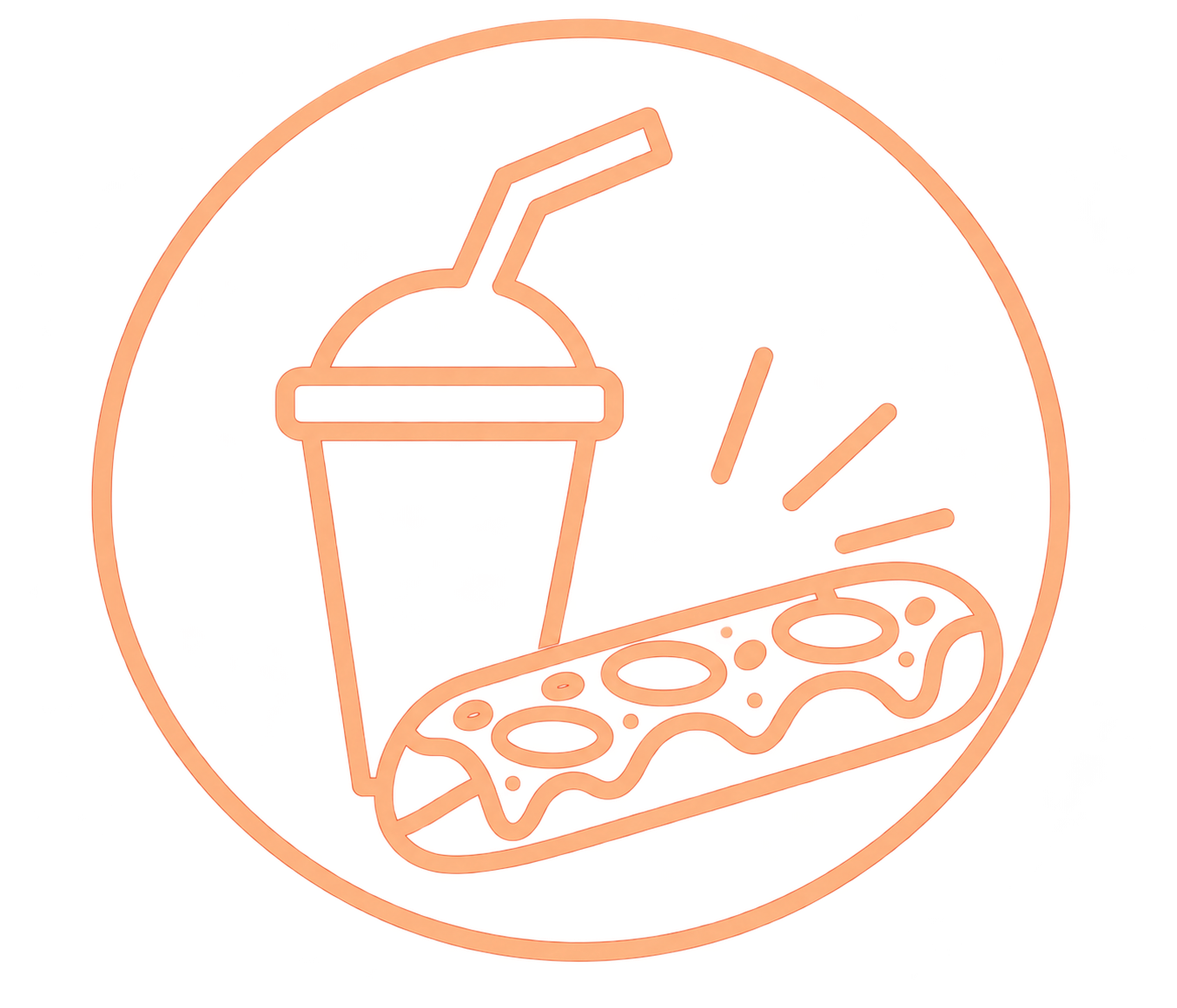 Emblème pizza et boisson en contour orange