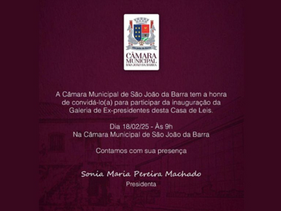 Abertura do ano legislativo em São João da Barra, nesta terça (18), às 9h, com sessão ordinária e inauguração de galeria de ex-presidentes da Câmara