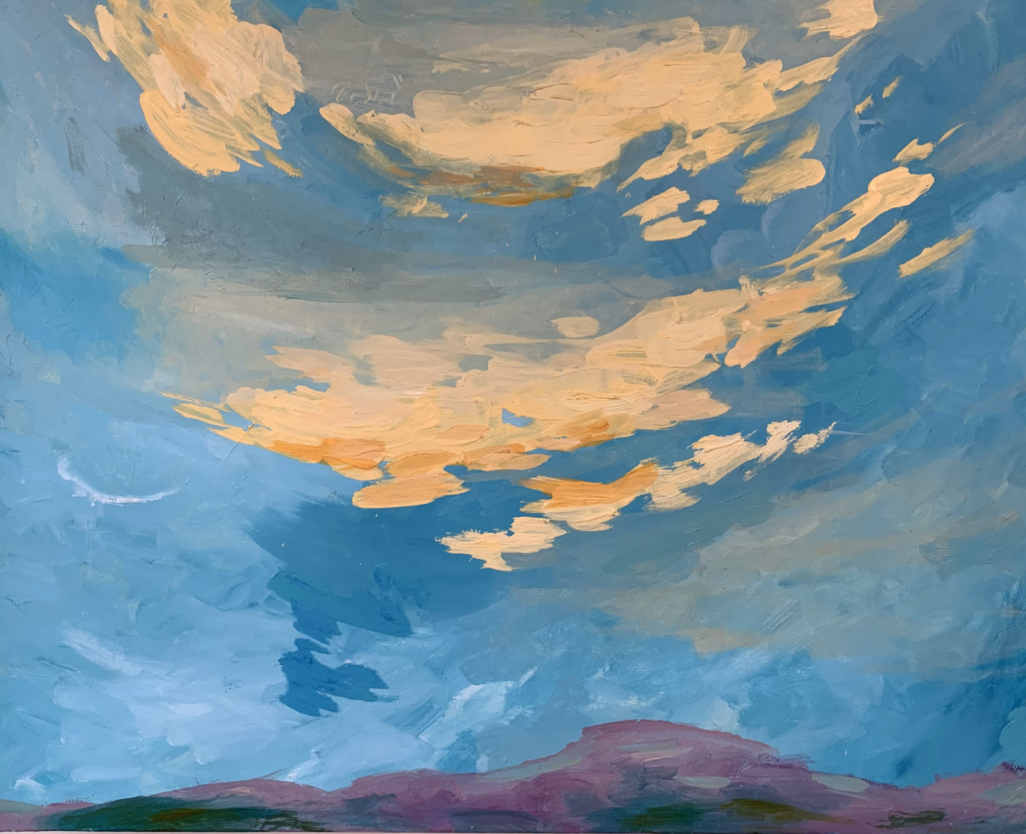 Oil on canvas 760 x 605 mm unframed
Travelling the highlands and islands, cherishing the long twilights and ancient rolling hills. Giant skies and windy days in the sunshine with the scent of heather.