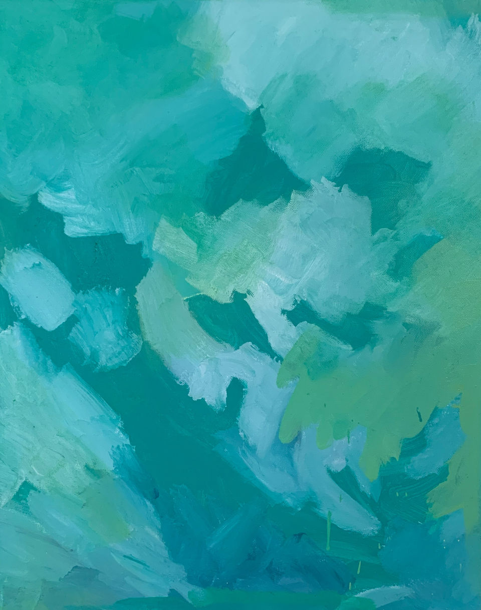 Oil on canvas, unframed
405 x 500 mm
Water and the richness of the sea. The love we feel for the ocean and sea life, the times we have spent together swimming and splashing together at the beach. The undercurrent of the unknown in the depths, and the keen understanding we each have that our oceans deserve to be protected, just as we would a member of our family, and the place we call home.