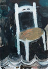 FIGURES DOES A DIVE IN A CHAIR COSTUME, 2025, OIL ON POSTER, 100 X 70 CM