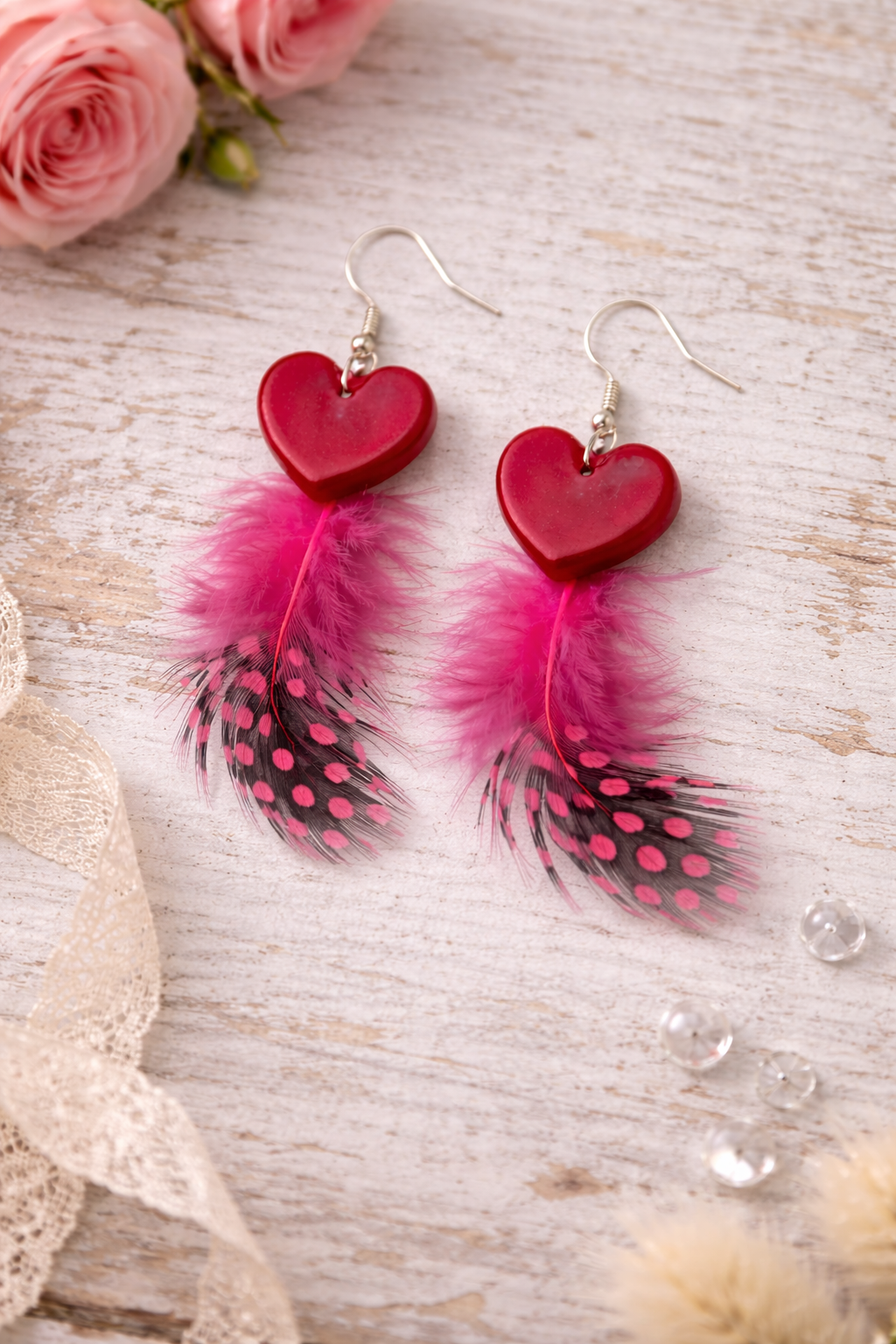 Pink Heart Feather Earrings Handmade Resin Dangle Earrings Valentine Jewelry