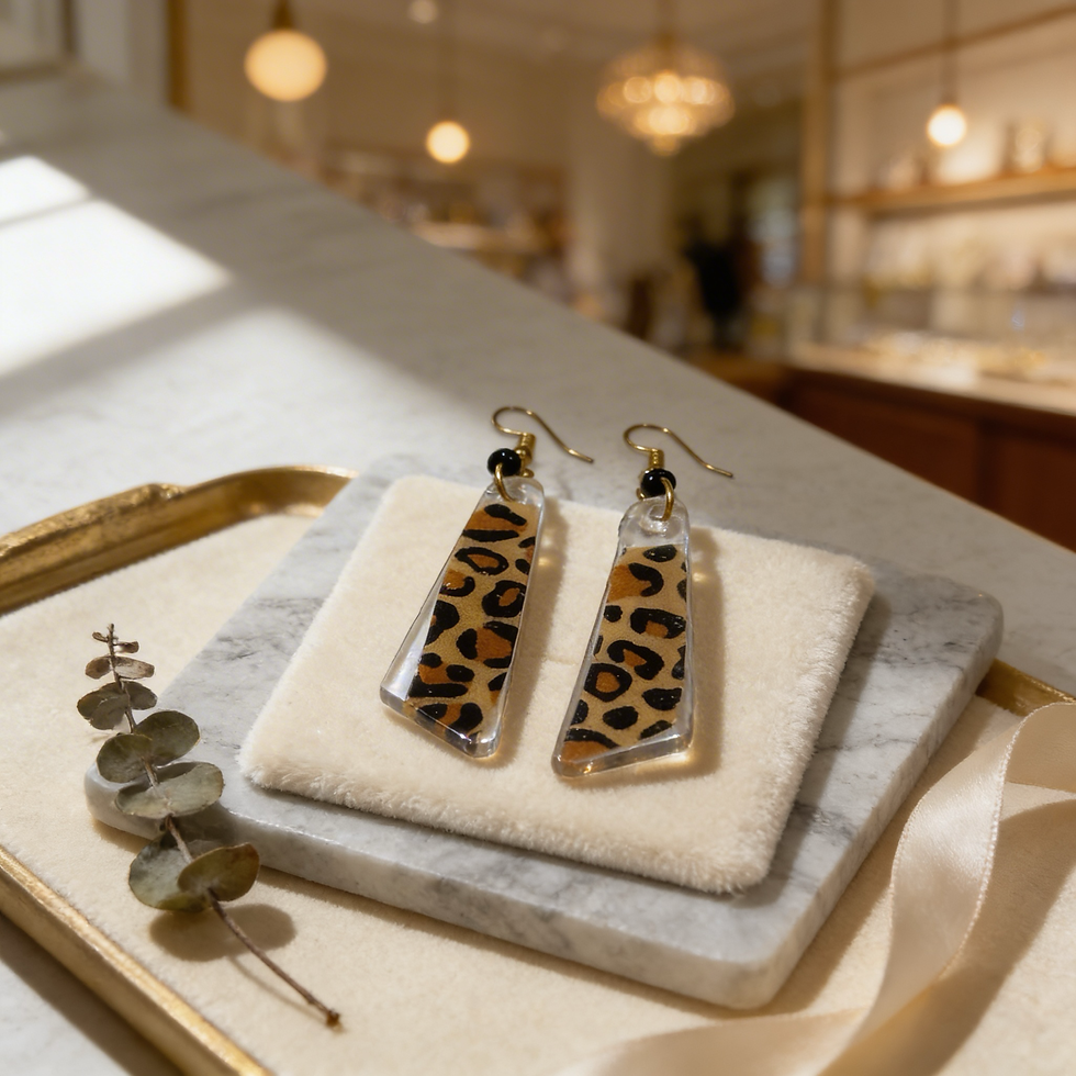 Leopard print resin dangle earrings displayed on marble tray with soft neutral background