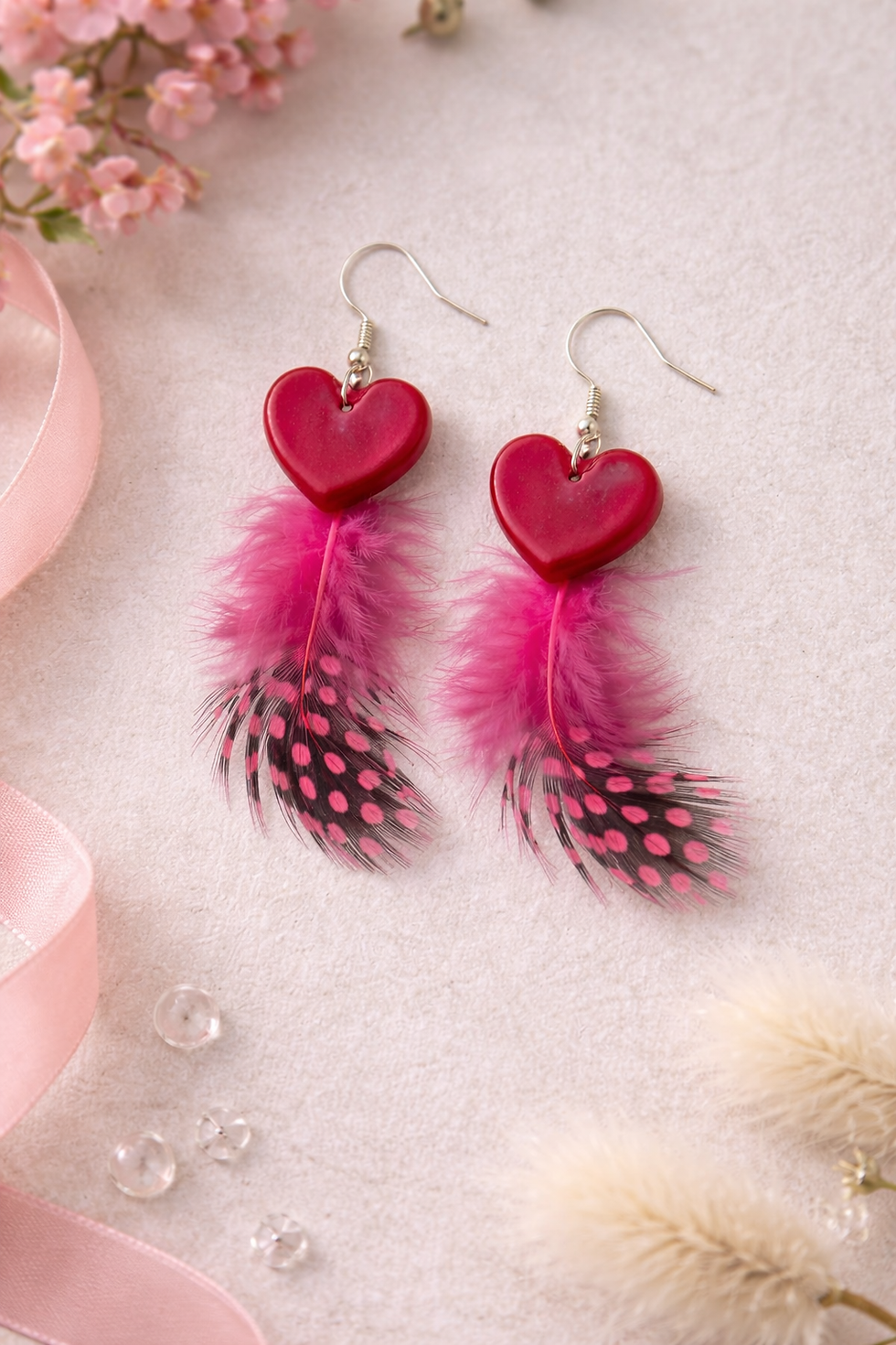 Thumbnail: Pink Heart Feather Earrings Handmade Resin Dangle Earrings Valentine Jewelry