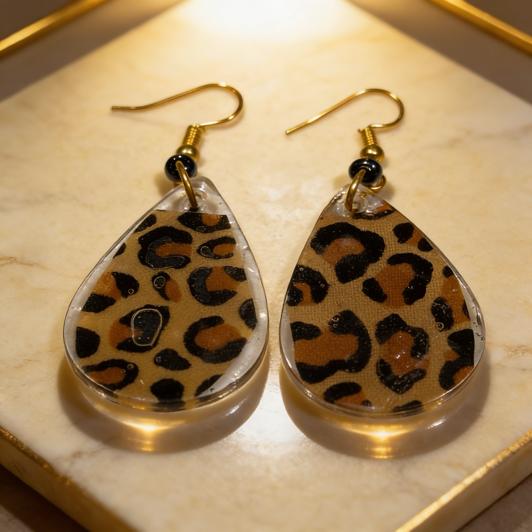 leopard print teardrop resin earrings with gold hooks on decorative tray