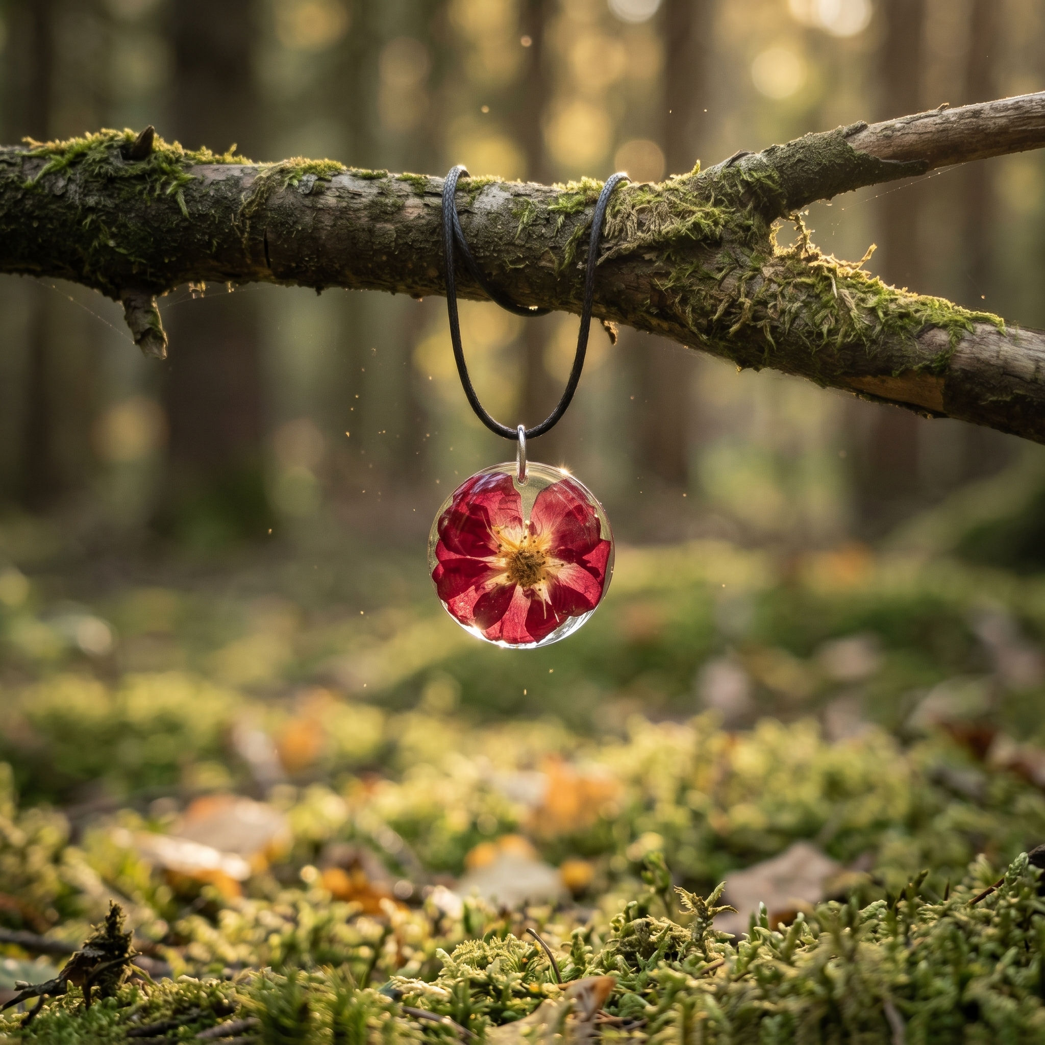 Red pressed flower resin necklace hanging on mossy branch in forest setting