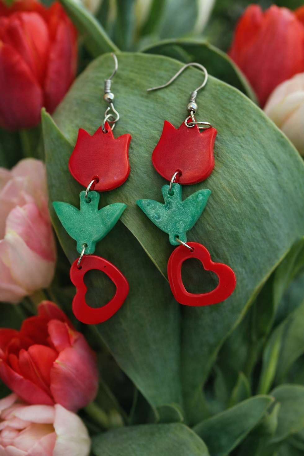 Handmade resin earrings with red tulips and red hearts, a unique gift