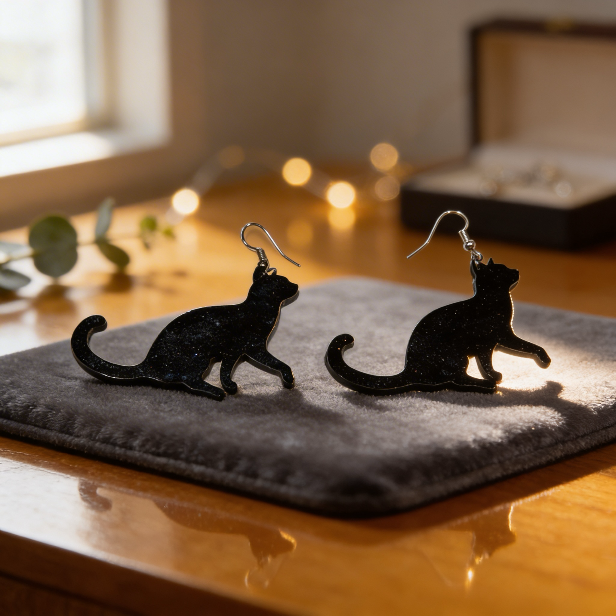 Black cat resin earrings with subtle red sparkle on soft gray display with warm lighting