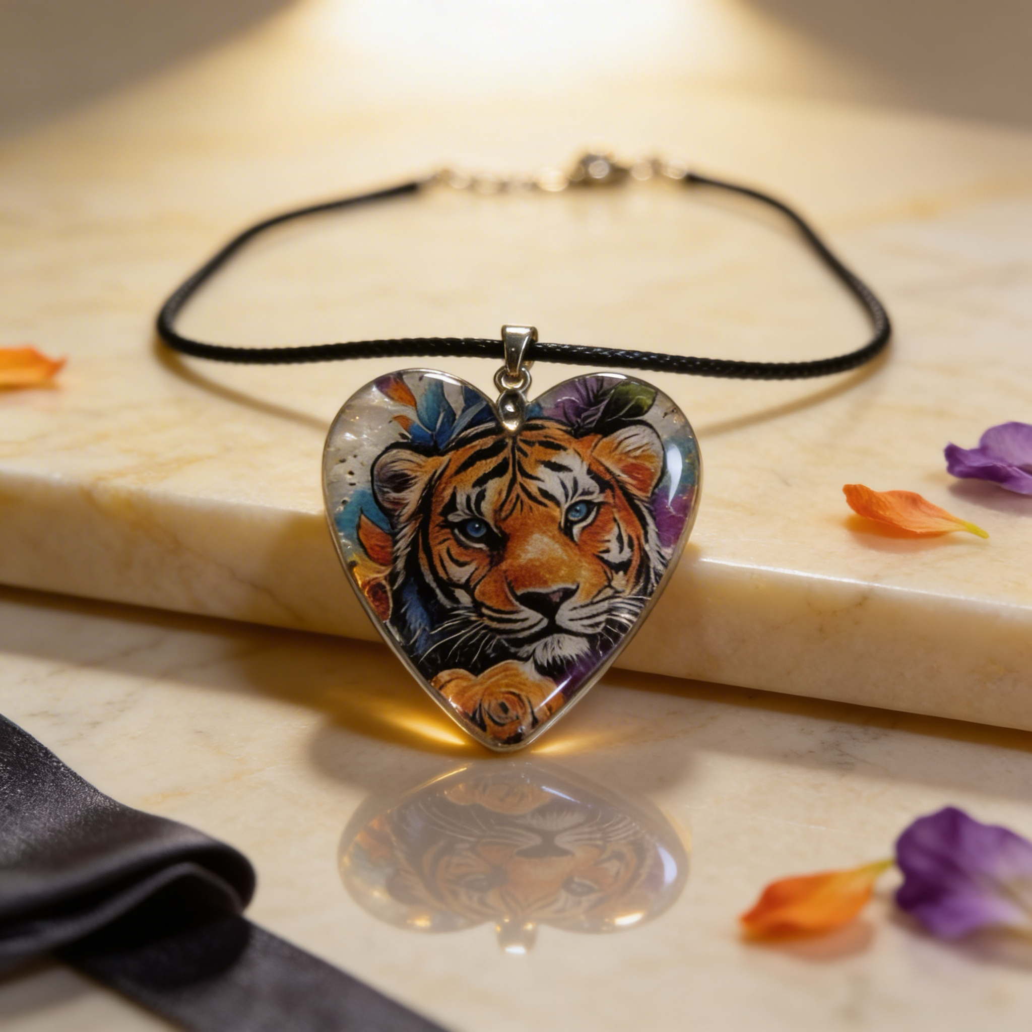 Tiger cub heart pendant necklace on black cord displayed on marble surface with soft lighting and scattered petals