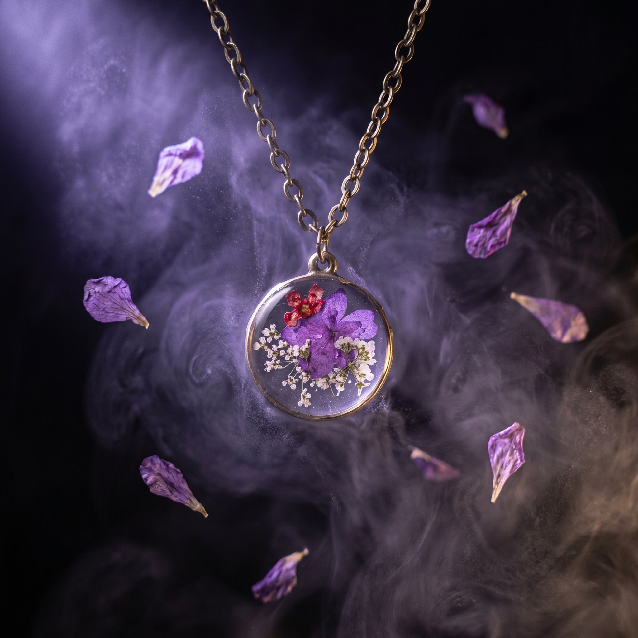 Pressed purple flower resin necklace with real dried flowers in round pendant on bronze chain with dreamy background