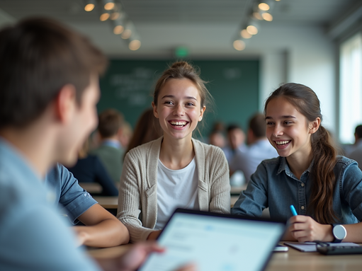 Young-students-showcasing-their-innovative-AI-project-with-excitement-and-modern-classroom