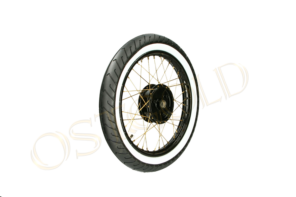 Komplettrad 2,15 x 16 Zoll mit Weißwandreifen Schwarz / Gold