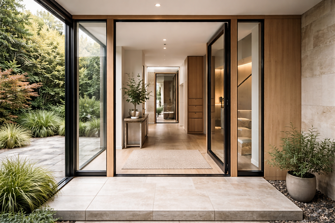 Modern home entrance with natural elements.png