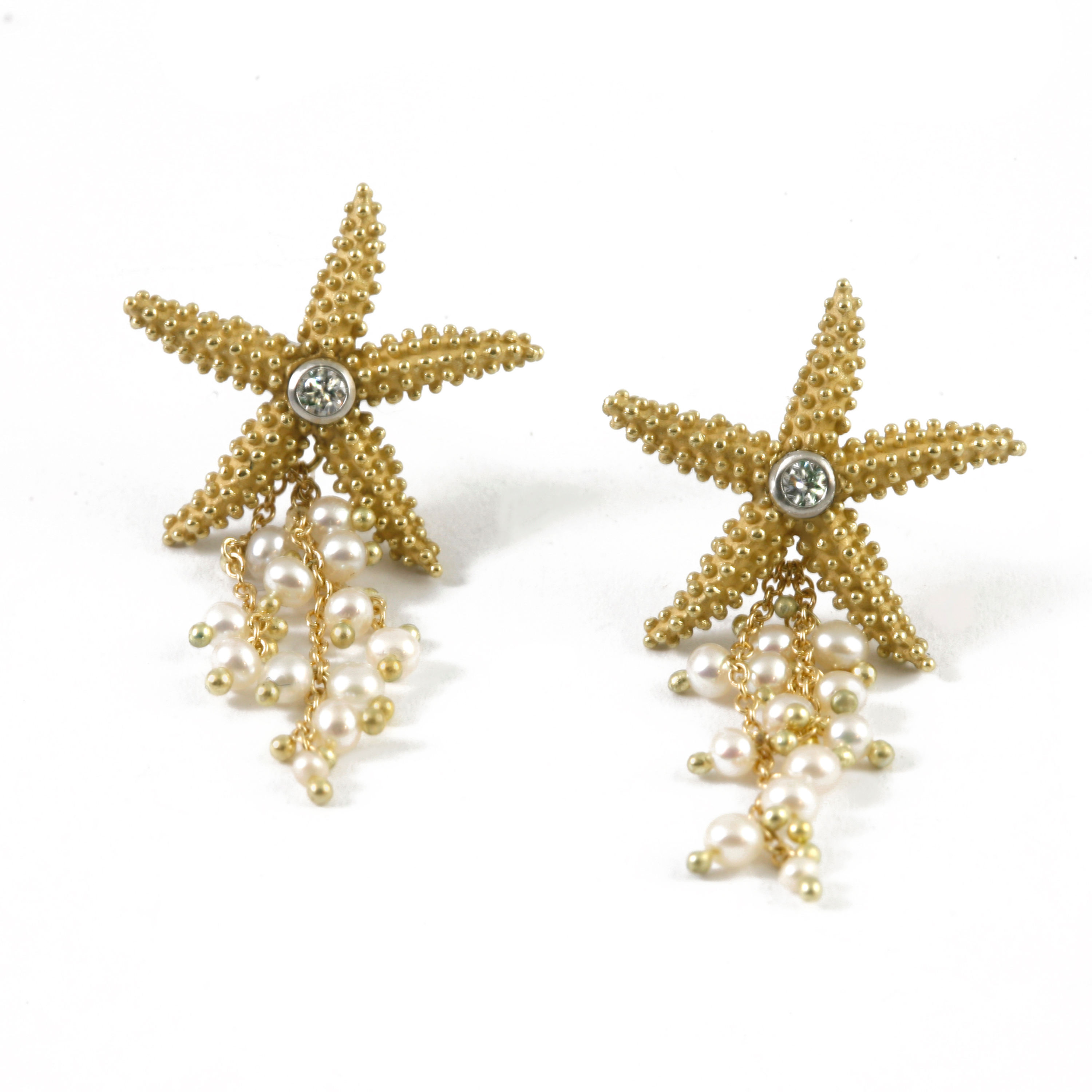 18k Sea Stars with Diamond center and seed pearl tassels.